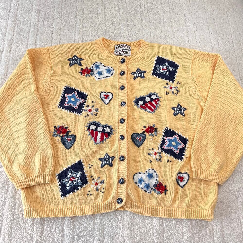 Heirloom Collection Yellow Patriotic Cardigan Sweater Women's sz XL Stars Patch